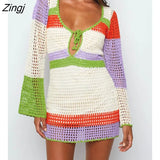 Women Long Sleeve Splicing Crochet Deep Neck Patch Color Summer Holiday Beach Sunscreen Cutout Short Cover Up