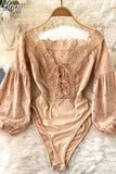 Women Sexy Hollow Out Lace Playsuits Khaki V-Neck Bandage Romper Elegant Puff Long Sleeve High Waist Embroidered Jumpsuits