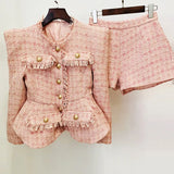New Autumn And Winter Small Fragrant White Bright Silk Coarse Flowers Jacket Shorts Set Two