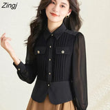 Shirts Women Pure S-3XL Simple Gentle Folds Design Temperament Office Ladies Tops Chic Elegant Slim All-match Long
