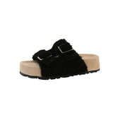 New Lamb Hairy Shoes Double Buckle Buckle Buckle Shoes Thick-Skin Pine Cake Word Sandals To Wear Slippers Women's