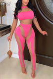 2023 Sexy See Through Mesh Patchwork Jumpsuits Women Long Sleeve Round Neck Skinny Long Rompers Club Streetwear