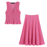 Summer New Women's Printed V-Neck Sleeveless Vest High-Waisted Midi Skirt