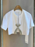Simple Diamond Bow Bow Short-Sleeved T-Shirt 2025 New Trendy Niche Girl Open Fork Blouse Autumn And