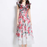 Elegant Dress Women's Summer Famous High-End Feel Lotle Side V-Neck Waist Thin Print Large Swing
