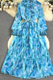 Autumn Bohemian Tie Dye Pleated Long Dress Women Elegant Stand Collar Ruffle Single Breasted Lantern Sleeve Draped