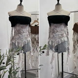 Shot Shoulder Cross Hanging Neck Knitting Mesh Yarn Coat Irregular Ribbon Horn Long-Sleeved T-Shirt