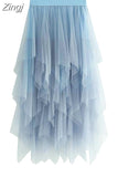 Women Sweet Midi Spring And Summer High Waist Solid Asymmetrical Elegant Chic White Mesh Tulle Skirts