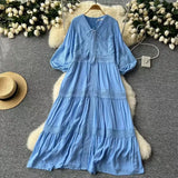 Retro Court Style Dress Women's Summer New High-End Temperament Splicing Lace Embroidered Long-Sleeved