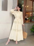 Wooden Ear Collar Buckle Tie With Long Hollow Lace Splicing French Bubble Sleeve