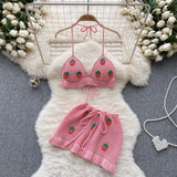 Zingj Vacation Wind Hollow Out Hook Flower Knit Suit Female Sweet Hanging Neck Condole Belt Vest High Waist Miniskirt Two