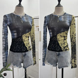 Tat Yarn Print Bottom Blouse Spliced Lace Long-Sleeved T-Shirt