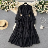 New V-Neck Single-Drenchee Chiffon French Retro Dress Thin A-Character Long Dress Women's Bubble