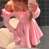 Sexy Off Shoulder Lace Up Women Dress Blue Long Sleeve Strapless Mini Dress Women Autumn Slim Fashion Streetwear