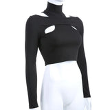 Zingj Careful Machine Hollow Out Off-Shoulder Undershirt Women's Short Crop T-Shirt Slim Fake Two Tops