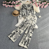 Zingj Suit Female Autumn And Winter Ink Painting Jacquard Zipper Hoodie Two Sets Of High Waist Wide Leg