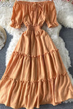Slash Neck Midi Dress Women Sexy Off Shoulder Short Sleeve High Waist Ruffle Vestidos Female Summer 2023 New