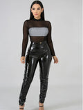 Solid Y2K Faux PU Leather Pants for Women Fashion High Waist Bodycon Stretchy Slim Long Trousers Casual Streetwear