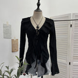 Wind To Make Old Hole Horn Long Sleeve Open Shirt Tie With Lotus Leaf Side V Collar Sunscreen Shirt