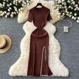 Zingj Senior Sense Dress Female Summer Sexy Sequins Slit Waist Show Thin Round Collar Short Sleeves In The Long Knit