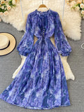 Women Printed Long Dress Vintage Ruffle Stand Collar Puff Sleeve High Waist Elegant Maxi Robe Female Big Swing
