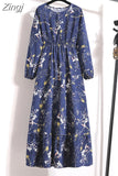 Women Elegant Floral Printed Long Dresses Spring Summer Casual O Neck Long Sleeve Ladies Chic High Waist A Line Beach