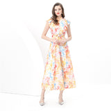 Court Style Print Flying Sleeve Dress Women's Summer Net Yarn Hollow Hook Design Light Luxury Temperament