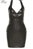 Y2K Faux PU Mini Dress for Women Sexy Hollow Out V-Neck Halter Bodycon Dress High Streetwear Summer Party Clubwear