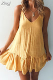 Summer Dress 2023 Women Sexy Solid V-Neck Ruffled Spaghetti Strap Mini Dress Casual Beach Short Dress Vestidos