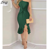 Women Spring Autumn Plain One Shoulder Ruffle Hem Twist Slit Dress Party Solid