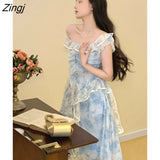 Elegant Floral Strap Dress Women Ruffles Designer Korean Party Irregular Dress Female 2022 Autumn Vintage Sleeveless