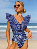 Shoulder Lotus Side Deep V Sexy Bare Back Swimsuit Woman 2025 New Swimsuit
