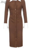 Casual Flare Sleeve Skinny Solid Midi Dress Female Elegant Ruched Buttons Up Autumn Shirt Dress Slim Ladies