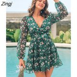 Floral Chiffon V-neck Ruffle Mini Dress Women Sexy Belted Long Sleeve A-line Holiday Beach Dress 2023 Summer Female