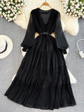 Women Draped Long Dress Spring Autumn Elegatn V-Neck Lantern Sleeve High Waist A-Line Pleated Party Maxi Vestidos