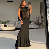 Black Mesh Spliced Design Short Sleeve Maxi Dress- Outfit