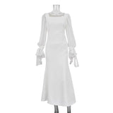 Zingj New French Temperament Square Collar Stitching Mesh Micro Through Horn Sleeve Waist Show Thin Pure Color Fish Tail Dress-Outfit