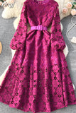 Autumn Women Hook Flower Hollow Party Long Dress Vintage Round Neck Puff Sleeve High Waist A-Line Maxi Vestidos New