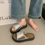 Summer New Pine Cake Bottom Toe Slippers Women Wearing Silver Simple Wind Half Dragging Feet Cold