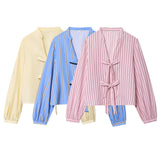 New Fashion Temperament Bow Striped House Silk Lining Long-Sleeved Shirt