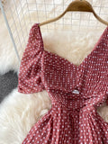 Women Polka Dot Pleated Dress Vintage Green/Red/Yellow Irregular V-Neck Short Sleeve Draped Vestidos Vacation Beach