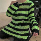 Zingj Version Of The Hollow Hole In The Long Sweater Female Lovers Stripes Loose Color Dark Versatile Knit Niche-Outfit