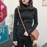 Zingj Spring 2024 Half Turtleneck Jacket Bottom Shirt Women's Letters Embroidered Slim Students Solid Color And Velvet Long Sleeve T-Shirt