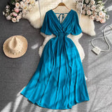 Summer New Temperament V-Neck Elasticity To Collect The Waist Of The Long Seaside Vacation Beach Chiffon Dress
