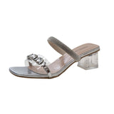 Zingj Word Rhinestone Transparent Cool Slippers Female Summer Outside Wear 2024 New Temperament Fairy High Heels Square Head Thick Heel Sandals-Outfit