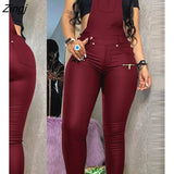 Women Fashion Elegant Casual Buckled Zipper Design Suspender Jumpsuit Square Neck Thick Strap Pocket PU