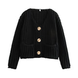 Women's Solid Color Single Buckle Double Pocket Short Thick Knit Shirt Coat Top