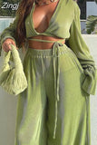 Women Ruched Suits Loose Bandage Blouses Tie-up Shirts Tops Matching Set Wide Leg Patns Trousers Elegant 2