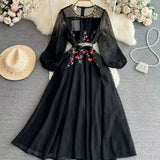 Industry Embroidery Net Yarn Nail Bead Long Sleeve Dress Women's Autumn New High-End Famous Style Fairy
