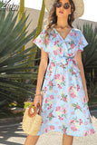 Floral Print Midi Dress Women Robe Elegant Chic Short Sleeve V Neck Casual Beach Dress With